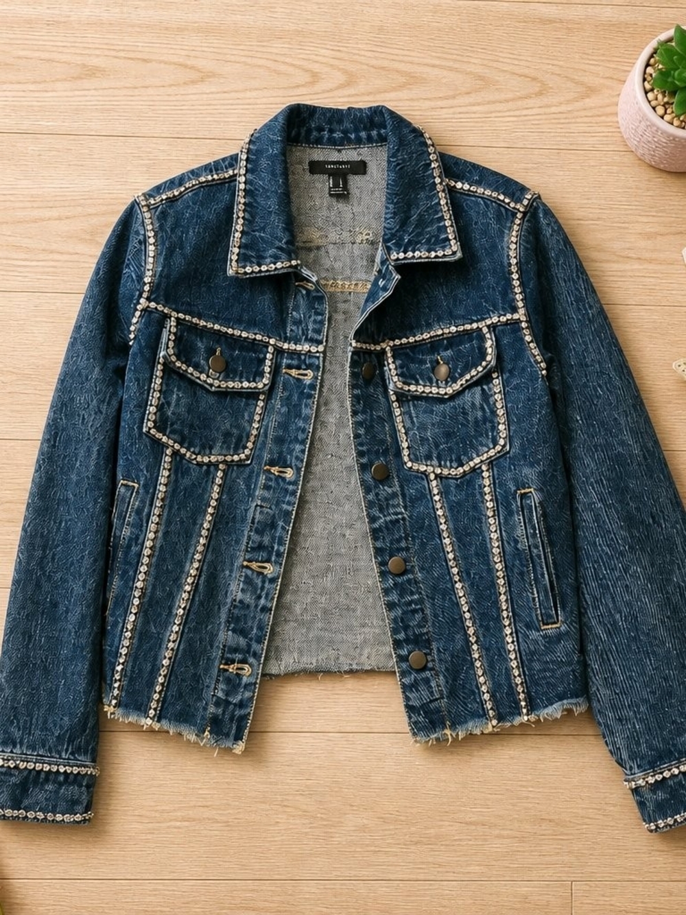 Forever 21 Dark Blue Denim Jacket with Rhinestone Stud Trim